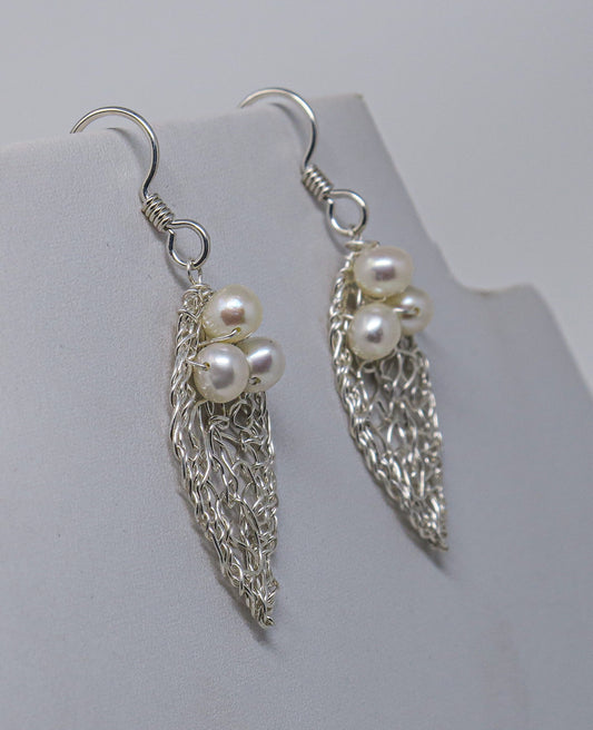 Silver Leaf-shaped Earrings with a White Pearl Cluster | by Kathryn Stanko