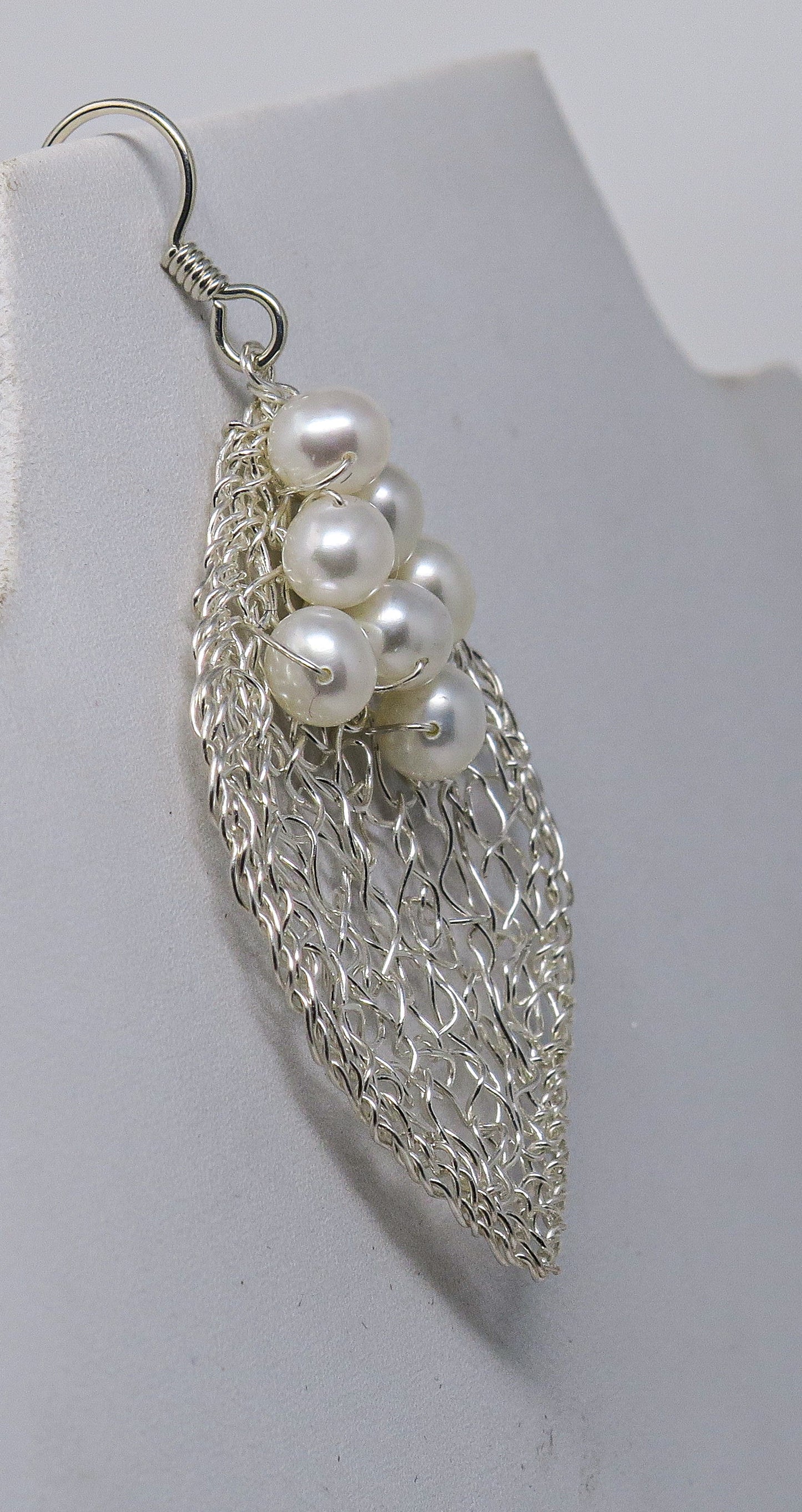 Silver Leaf-shaped Earrings with a White Pearl Cluster | by Kathryn Stanko