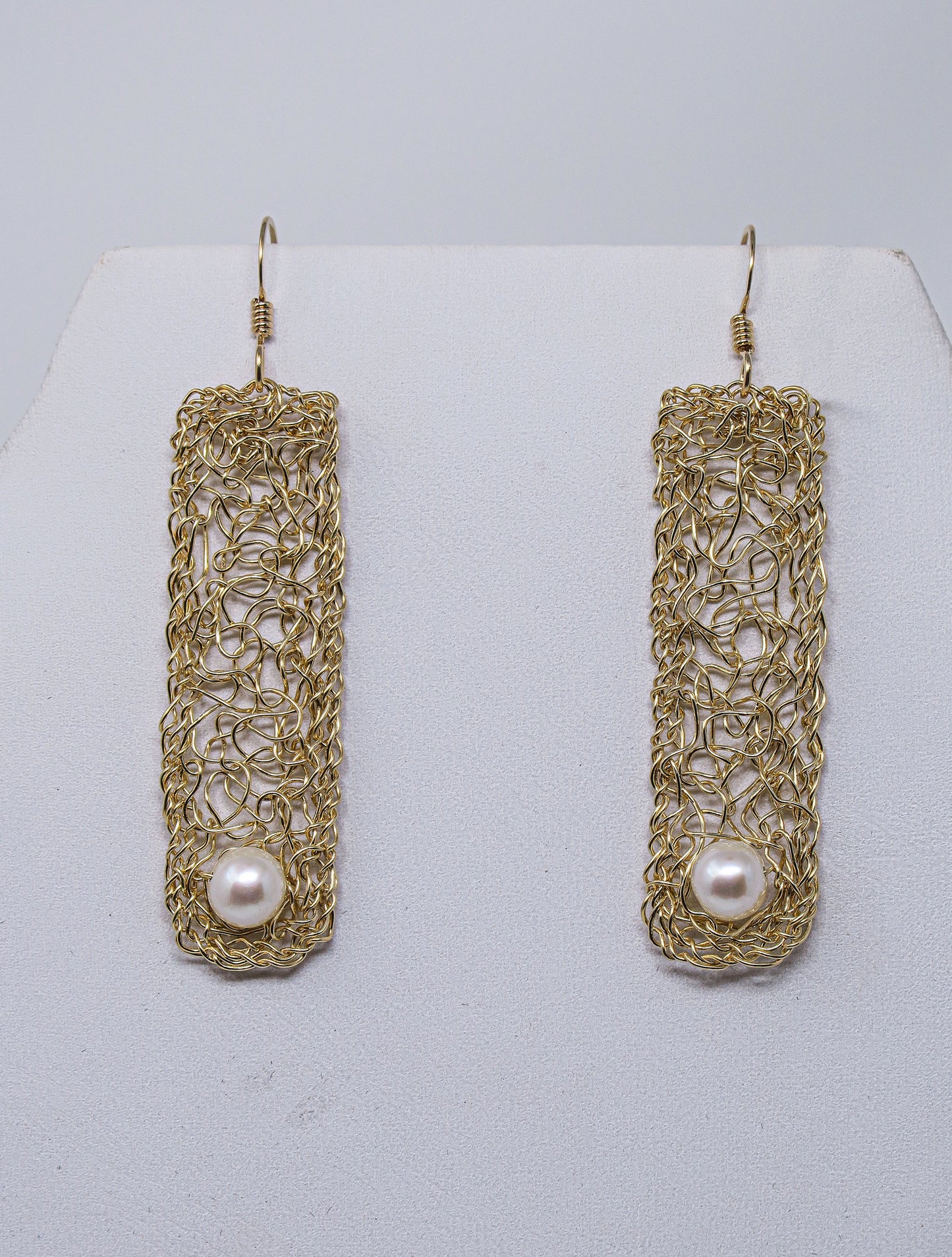 Gold-filled Rectangle Dangle Earrings with White Pearl | by Kathryn Stanko