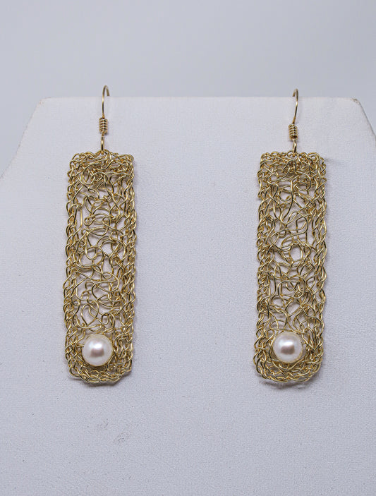 Gold-filled Rectangle Dangle Earrings with White Pearl  | by Kathryn Stanko