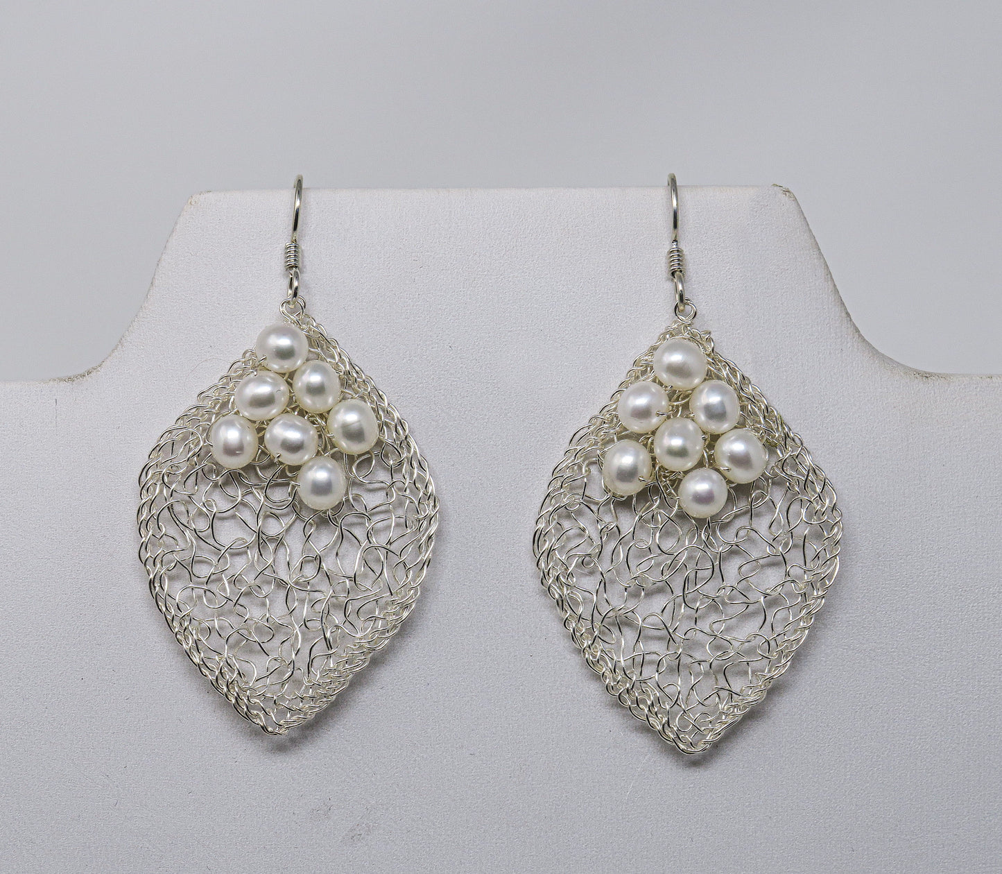 Silver Large Leaf Earrings with a White Pearl Cluster | by Kathryn Stanko