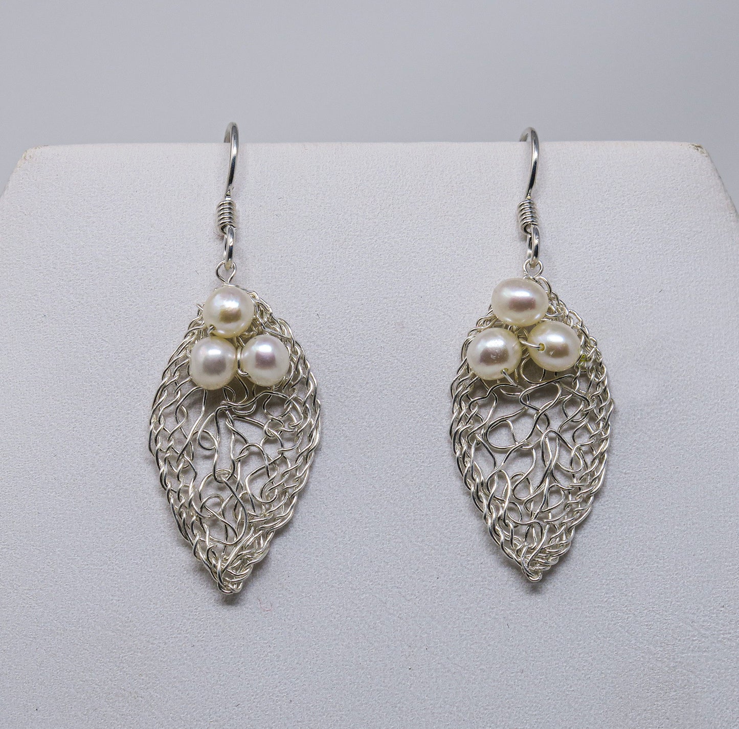 Silver Leaf-shaped Earrings with a White Pearl Cluster | by Kathryn Stanko