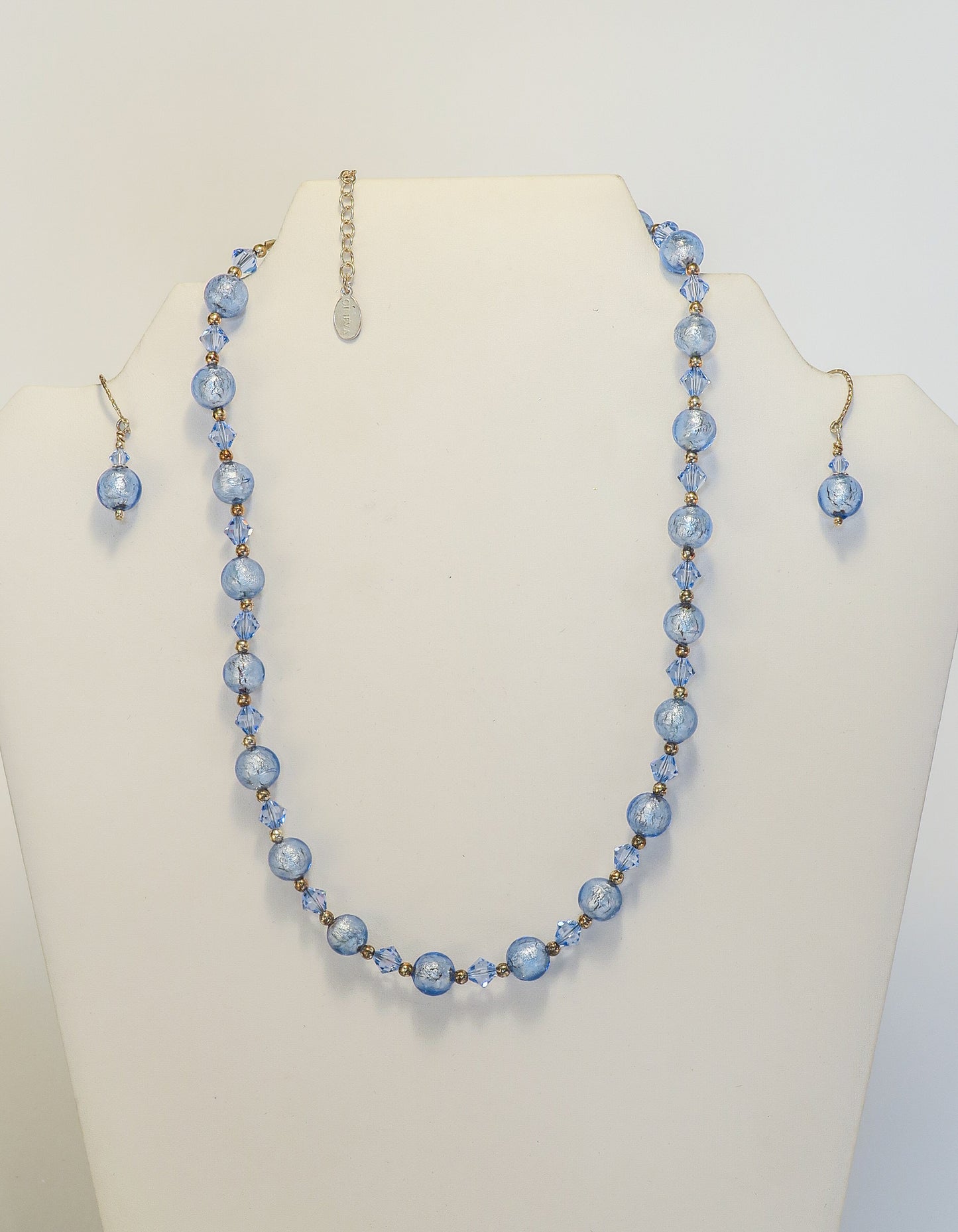 Light Blue Glass over 24K Gold Leaf Necklace and Earrings | by Murano Glass