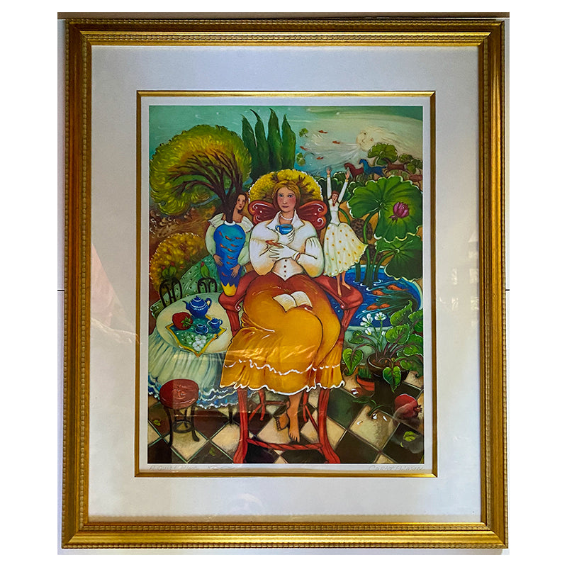 woman sitting in chair surrounded by trees and flowers