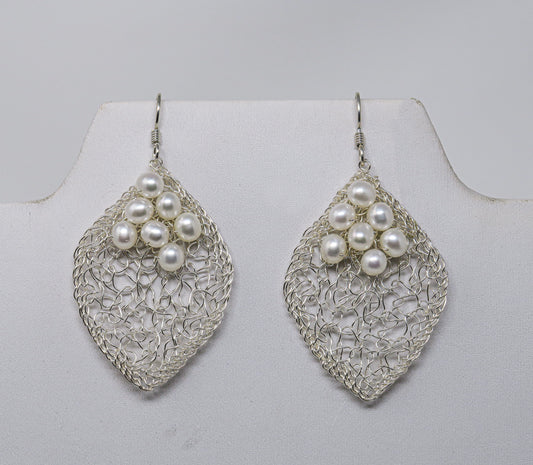 Silver Large Leaf Earrings with a White Pearl Cluster  | by Kathryn Stanko