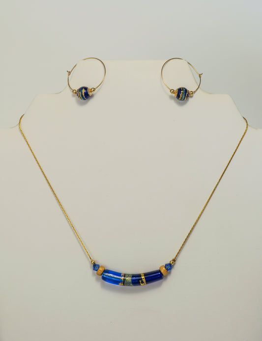 Arc Cobalt Gold Leaf Necklace and Earrings | by Murano Glass