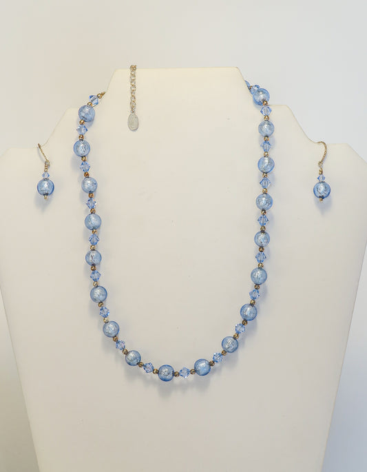 Light Blue Glass over 24K Gold Leaf Necklace and Earrings | by Murano Glass