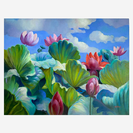 painting of flowers with blue sky with clouds