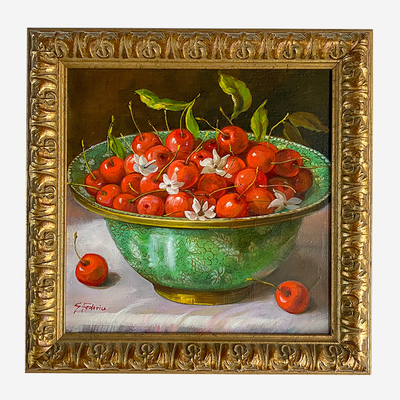 painting of a green bowl with cherries