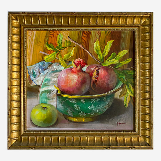 painting of pomegranates in a green bowl with white flowers